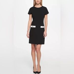 New W Tags! Tommy Hilfiger Scuba Crepe Black/Ivory Short Sleeve Dress Sz 16 EUC